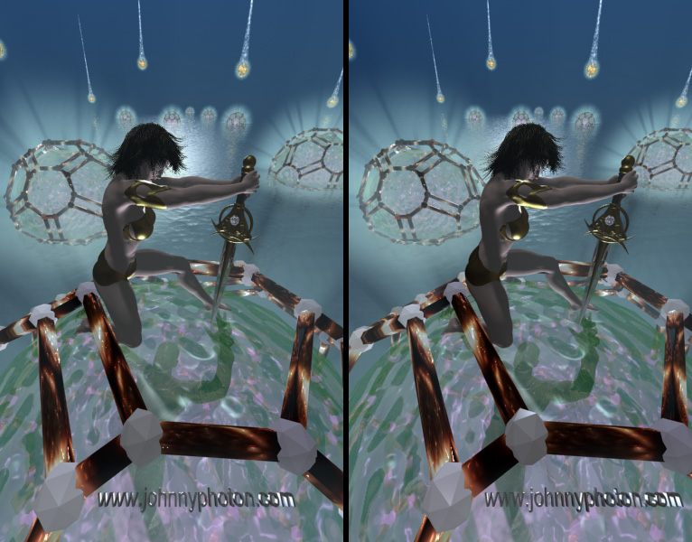 A 3D picture ofa woman defending against an alien invasion